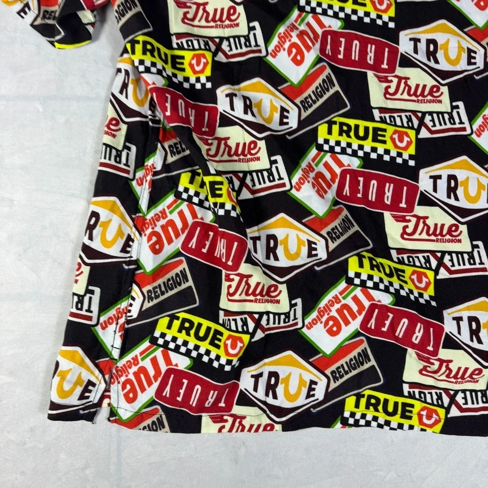 NWT True Religion Mens Button Up Camp Shirt Black All-Over Print Short Sleeve XL